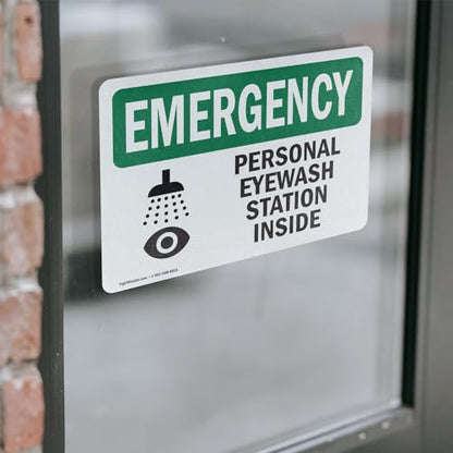 (2 Pack) Personal Eyewash Station Inside With Symbol OSHA Emergency Sign 5 Inch X 3.5 Inch Vinyl Label Decal Sticker Weather Resistant, UV Protected for Workplace, Construction Site, Made in the USA