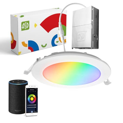 ASD 1 Pack LED Smart Recessed Lighting 6 Inch 12W, RGBW Color Changing Lights, Compatible with Alexa & Google Assistant, Dimmable 2700K-6500K Selectable RGB Lights, WiFi Bluetooth Ceiling Light, ETL - color: White, size: 6 Inch 1 Pack