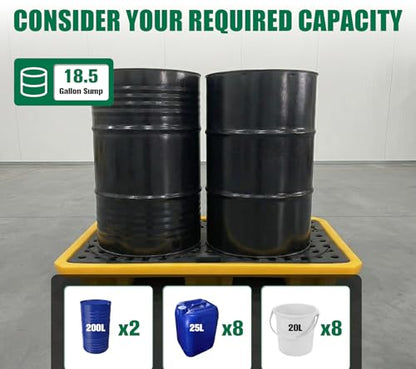 2 Drum Spill Containment Pallet Platform with Drain 18.5 Gallon Sump 51.2x27.2x5.9in 2645 lbs Load Capacity Forkliftable Low Profile Spill Pallet LDPE Containment Tray for Industrial Storage - size: 2 Drum