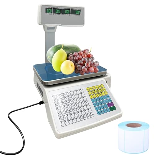 INTBUYING Commercial Digital Scale with Thermal Printer 4-Window Pole Double-Sided LCD with Label Max 66lb 110V Portable for Warehouse Restaurant Bakery