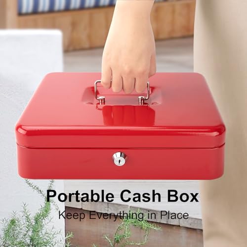 Jssmst Metal Cash Box with Money Tray and Lock, Portable Cash Drawer, 11.8" - color: Red Key