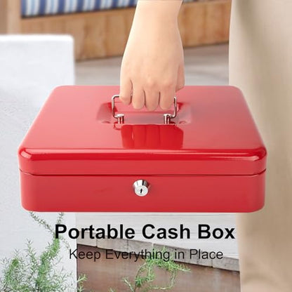 Jssmst Metal Cash Box with Money Tray and Lock, Portable Cash Drawer, 11.8" - color: Red Key