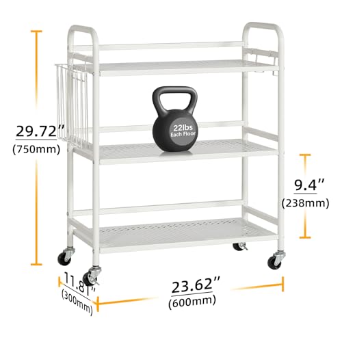 HDANI 3 Tier Metal Mesh Utility Cart,Large Capacity Multipurpose Heavy Vehicle,Rolling Trolley with to Hooks and One Basket(White) - color: White, size: Large Mesh with Basket