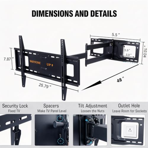 48" Extension Long Arm Full Motion TV Wall Mount 37-85” TV by WHYFONE - size: Fit 37-85" TVs