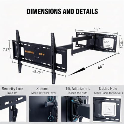 48" Extension Long Arm Full Motion TV Wall Mount 37-85” TV by WHYFONE - size: Fit 37-85" TVs