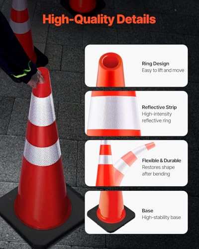 VEVOR Safety Cones, 6 Pack 36" Traffic Cones, PVC Orange Construction Cones with Reflective Collars and Black Weighted Base, for Traffic Control, Driveway Road Parking and School Improvement - size: 36"(6Cones)
