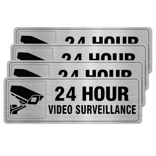 EVQ 24 Hour Video Surveillance Sign Aluminum Silver 9 x 3 Inch 4 Pack - color: 24 HOUR VIDEO SURVEILLANCE - 9"×3"