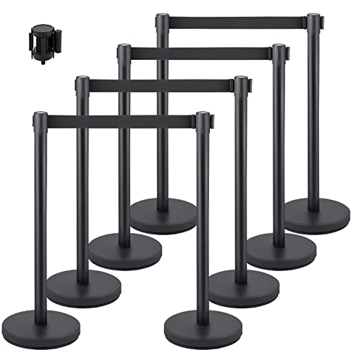 VEVOR Crowd Control Stanchion Set, Stanchion Set with 6.6 ft/2 m Black Retractable Belt, Black Crowd Control Barrier w/Concrete and Metal Base - Easy Connect Assembly (8) - color: 8 Pcs, size: Classic connector, style: Concrete Metal Bottom