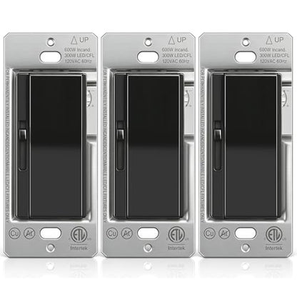 3PK BESTTEN Slide Dimmer Light Switch, Single Pole or 3 Way Dimmable Switch - color: Black