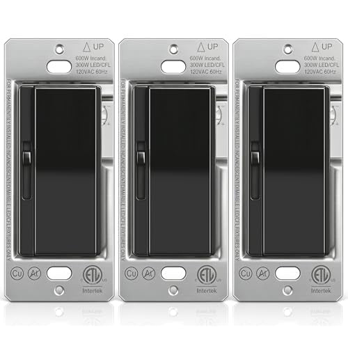 3PK BESTTEN Slide Dimmer Light Switch, Single Pole or 3 Way Dimmable Switch - color: Black