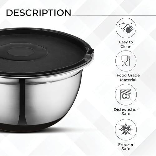 AVADOR Premium Brushed Stainless Steel Mixing Bowls Sets, Easy To Clean, Space Saving, Great for Cooking, Baking, Prepping Needs 0.25qt, 1qt, 1.5qt, 3qt, 5qt (9 pc Anti Slip with Lid and Graters) - size: 9 pc (0.25 qt, 1 qt, 1.5 qt, 3 qt, 5 qt)