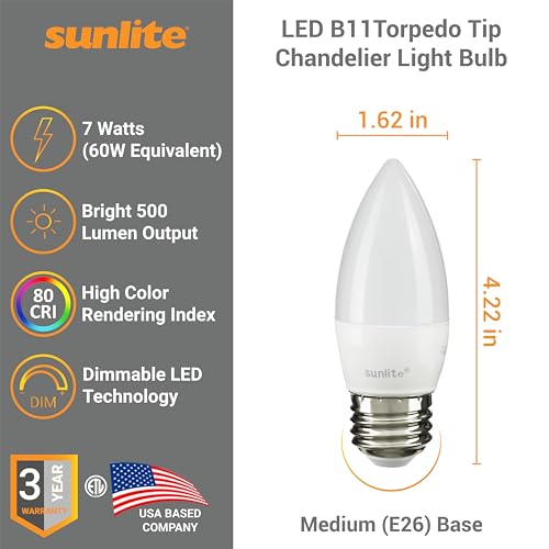 Sunlite LED B13 Torpedo Decorative Chandelier Light Bulb, 7 Watts (60W=), 500 Lumens, 120 Volts, Dimmable, E26 Base, ETL Listed, Torpedo Frosted, Title-20, 2700K Soft White, 6 Pack - color: 2700k Soft White, size: 6PK Frost
