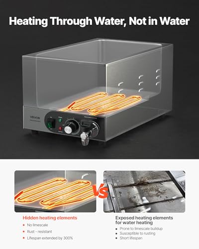VEVOR Commercial Food Warmer, 1200W Electric Stainless Steel Steam Food Warmer, Fast Heating Countertop Buffet Bain Marie with Detachable Power Cord, for Catering, Restaurants, Parties & Buffets - size: 3*1/3Pan;20CM Depth