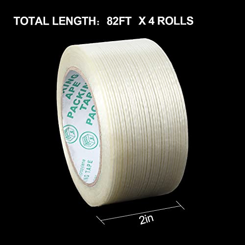 ZOEYES 4 Pack Filament Tape 2 Inch x 82FT, Heavy Duty Reinforced Strapping Tape 5.3 Mil Fiberglass Tape for Packing and Shipping