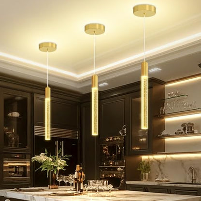 Modern Gold Crystal Column Pendant Light, Dimmable LED Chandelier, Adjustable Hanging Pendant Lighting for Kitchen Island - color: Gold, size: 1-Light