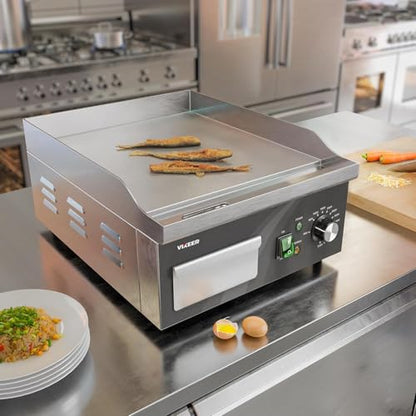 VIKEER Electric Griddle, 14 Inch Flat Top Grill Commercial Electric Griddles Stainless Steel Adjustable Temperature Control 90℉-575℉ for Home or Restaurant Use - size: 14 inch
