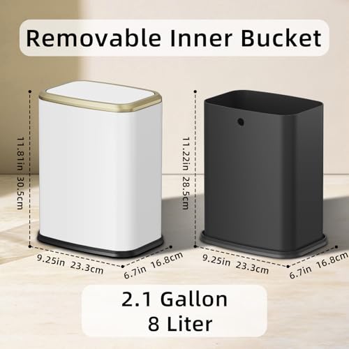 8L/2.1 Gallon Small Bathroom Trash Can with Lid, Swing-Top Rectangular Waste Bin, Stainless Steel Garbage Can for Home, Office, Toilet, Bedroom, Living-Room (White) - color: White