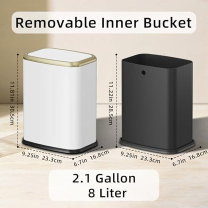 8L/2.1 Gallon Small Bathroom Trash Can with Lid, Swing-Top Rectangular Waste Bin, Stainless Steel Garbage Can for Home, Office, Toilet, Bedroom, Living-Room (White) - color: White
