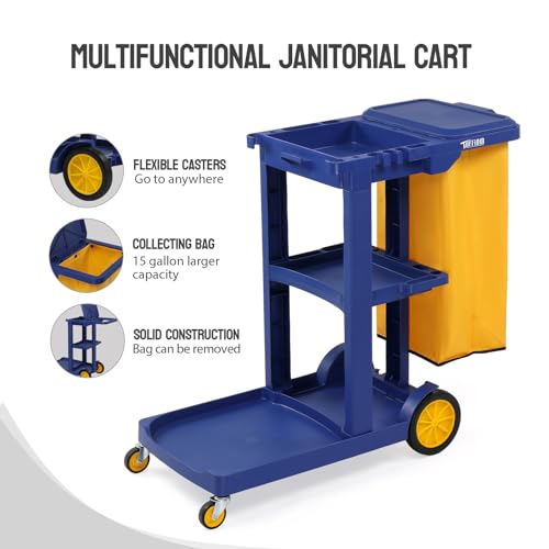 TUFFIOM Commercial Traditional Cleaning 3-Shelf Janitorial Cart, 500 Lbs Capacity Housekeeping Cart, Wheeled with Yellow VinylBag and Cover w Lid, Blue, - color: Blue