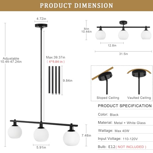 Kitchen Island Lighting 3 Lights Linear Pendant Light Fixtures With Milk Glass Shades Black Farmhouse Chandeliers for Dining Room Chandelier Over Table Mid Century Modern Hanging Light Fixture for Bar - color: 3 Light-Black