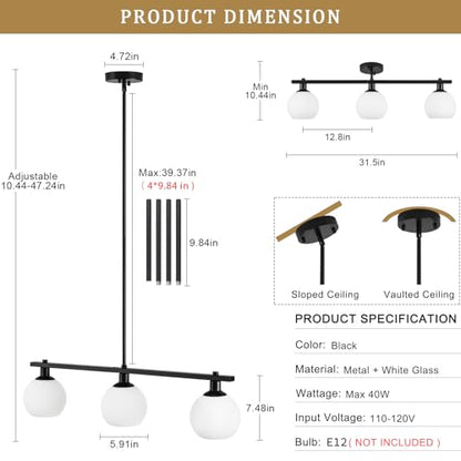 Kitchen Island Lighting 3 Lights Linear Pendant Light Fixtures With Milk Glass Shades Black Farmhouse Chandeliers for Dining Room Chandelier Over Table Mid Century Modern Hanging Light Fixture for Bar - color: 3 Light-Black