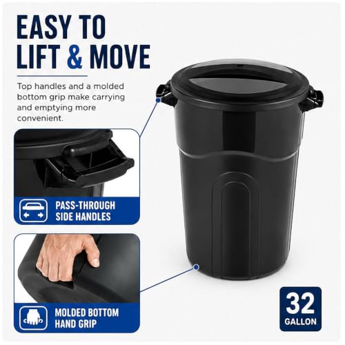32 Gallon Commercial Garbage Can, Heavy Duty Plastic Trash Bin with Lid - size: 32 Gallon Round
