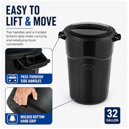 32 Gallon Commercial Garbage Can, Heavy Duty Plastic Trash Bin with Lid - size: 32 Gallon Round