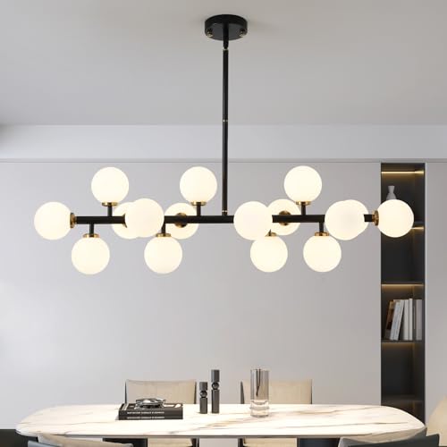 Black and Gold Chandelier Modern Rectangle Chandelier Glass Globe Pendant Light Fixture Adjustable for Dining Living Room Kitchen Island 16-Light - color: BlackGold-40in