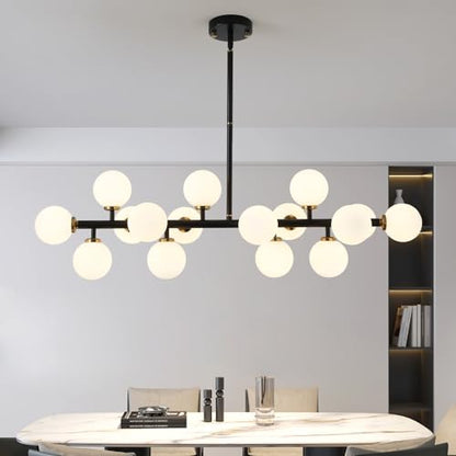 Black and Gold Chandelier Modern Rectangle Chandelier Glass Globe Pendant Light Fixture Adjustable for Dining Living Room Kitchen Island 16-Light - color: BlackGold-40in