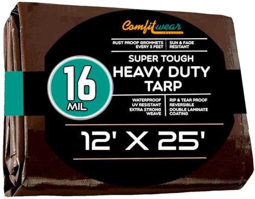 16 MIL Heavy Duty Tarp - Multi-Purpose Extra Heavy Duty Tarps - Car, Boat, Camping & General Purpose Waterproof Tarp Cover (12' X 25', Brown) - size: 12' X 25'