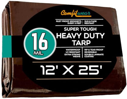 16 MIL Heavy Duty Tarp - Multi-Purpose Extra Heavy Duty Tarps - Car, Boat, Camping & General Purpose Waterproof Tarp Cover (12' X 25', Brown) - size: 12' X 25'