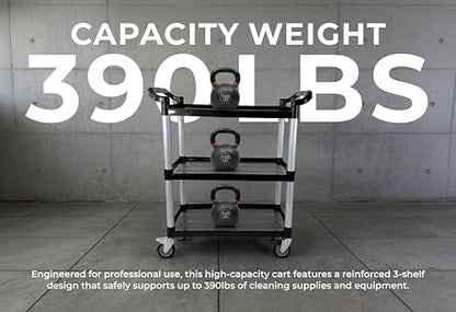 Commercial 3-Shelf Rolling Service Utility Cart | Capacity 390 lbs. | 37" x 34" x 16" | Black