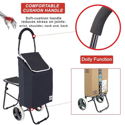 dbest Products Trolley Dolly Sport with Chair – Foldable Grocery Cart on Wheels – Multi Use Rolling Cart with Built-in Seat, Removable Bag, and Hand Truck Dolly Function, Black - size: Sport With Seat