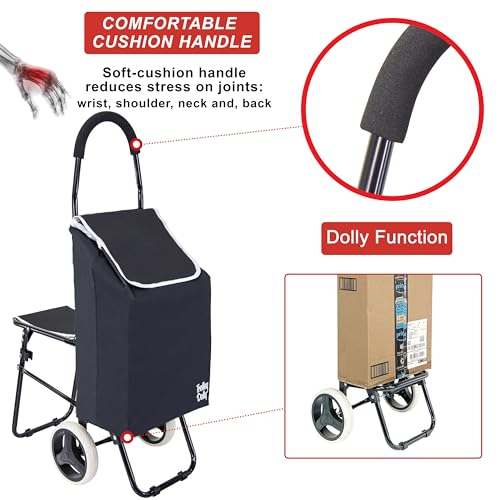dbest Products Trolley Dolly Sport with Chair – Foldable Grocery Cart on Wheels – Multi Use Rolling Cart with Built-in Seat, Removable Bag, and Hand Truck Dolly Function, Black - size: Sport With Seat