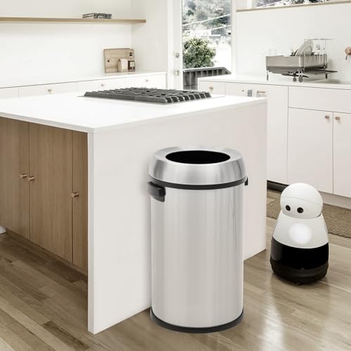 17 Gallon/65L Round Open Top Trash Can, Commercial Stainless Steel Garbage Bin, Heavy Duty Fingerprint & Rust Resistant Waste Container for Kitchen, Office, Restaurant,Flip-Top Trash Can,Silver - color: Silver swing lid