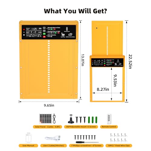 Automatic Chicken Coop Door Solar Powered with Timer & Light Sensor, Pet Deluxe Chicken Door with 7W Solar Panel, Anti-Pinch Safety, 10PCS Wire Clips and Aluminum Alloy, Long-Range Remote - Gold - color: Gold