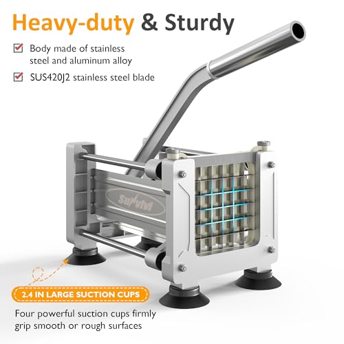 Sunvivi French Fry Cutter Stainless Steel Potato Slicer : with 2 Replaceable blades (1/2 & 3/8 Inch), Professional Fries Cutter for Potatoes, Carrots, Cucumber, Onion, Yam - size: Large-Hand-push
