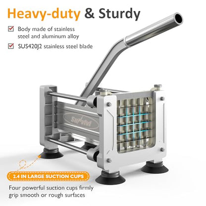 Sunvivi French Fry Cutter Stainless Steel Potato Slicer : with 2 Replaceable blades (1/2 & 3/8 Inch), Professional Fries Cutter for Potatoes, Carrots, Cucumber, Onion, Yam - size: Large-Hand-push