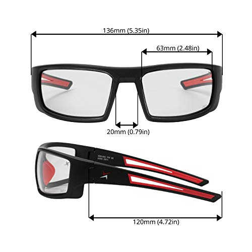 X Power ANSI Z87+ Safety Sunglasses Impact Resistant Polycarbonate Lens & Double Injection Frame - color: 002 Matte Black & Red Frame / Clear Lens