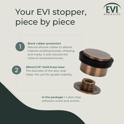 EVI Herrajes | Adhesive Door Stop | Threaded Base | W:1,1in H:0,8in | Leather Brass Finish | Silicone Black Rubber | Simple Fixation | 100% Functional | Mod. I-103/28 - color: Antique Leathe Brass, size: 1.10x0.79in