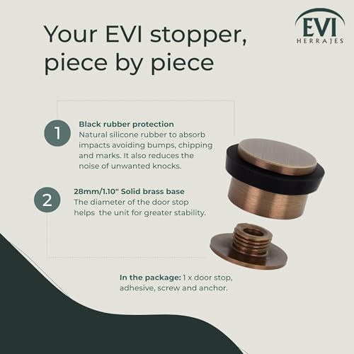 EVI Herrajes | Adhesive Door Stop | Threaded Base | W:1,1in H:0,8in | Leather Brass Finish | Silicone Black Rubber | Simple Fixation | 100% Functional | Mod. I-103/28 - color: Antique Leathe Brass, size: 1.10x0.79in