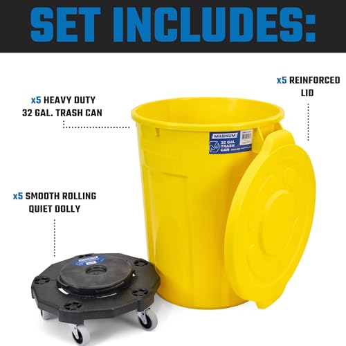 Magnum Yellow 32 Gallon Trash Can Set (Trash Can, Quiet Dolly, and Reinforced Lid), Construction Grade, Jobsite Ready, Non-Marking Wheels & Casters for Rolling Garbage CMTC-CLD0-32Y05 (5 Set) - color: Yellow, size: 32 Gallon, style: Can + Lid + Dolly
