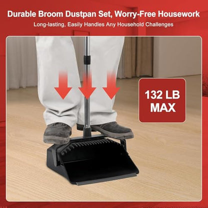 Broom and Dustpan Set for Home, 51" Long Handle Standing Dustpan Black - color: Black