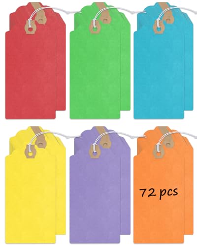Uniclife 72 Pcs Blank Shipping Tags with Elastic String Attached Cardstock Paper Hang Tags with Reinforced Eyelet Large Marking Price Tag Inventory Label Tag, Rainbow Colors (4.7" x 2 3/8") - color: Rainbow Colors