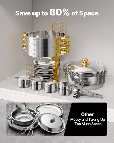 VEVOR Chafing Dish Buffet Set, 5 Qt 4 Pack, Stainless Steel Chafer with 4 Full Size Pans, Round Catering Warmer Server with Lid Water Pan Folding Stand Clip, for Weddings Parties Banquets, Gold - size: 4packs Gold