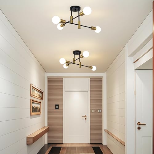 Garwarm 2 Pack 4-Light Industrial Semi Flush Mount Sputnik Ceiling Light Fixture, Black and Gold Modern Sputnik Chandelier for Porch Bedroom Hallway Kitchen Farmhouse - color: 2 Pack 4-Lights,Black & Gold