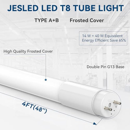 JESLED 30 Pack T8 Led Bulbs 4 Foot,14W(40W Equiv) 2450LM 5000K Type A+B ETL