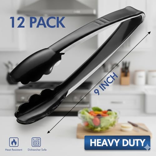 9-Inch Plastic Serving Tongs (12-Pack) Heavy-Duty Black Tongs - size: 12 Pack
