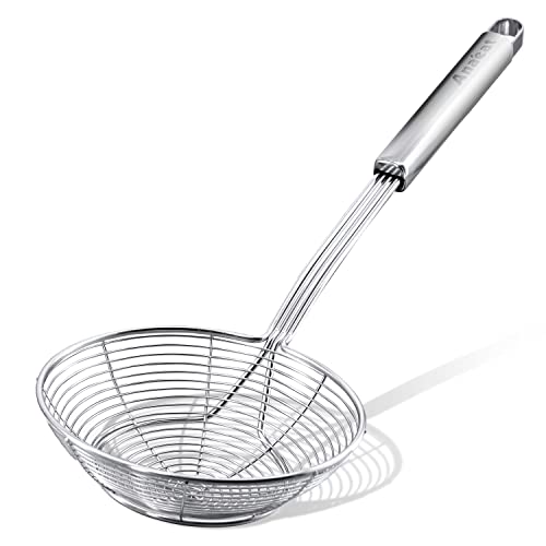 Anaeat Stainless Steel Spider Strainer Skimmer - Solid Kitchen Strainer Ladle with Long Handle for Cooking and Frying, Reinforced Double Coil Slotted Spoons for Pasta, Noodle, Spaghetti (5.5 Inch) - color: 5.5" Double Coil Skimmer