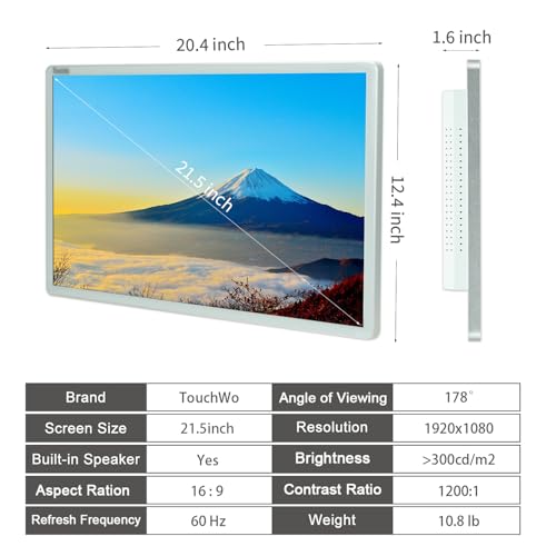 Capacitive Multi-Touch Screen Industrial Monitor, 16:9 Display, Built-in Speakers, USB, VGA, DP & HD-MI Ports, Digital Signage Displays and Player for Advertising (21.5-Inch White) - size: 21.5-Inch White